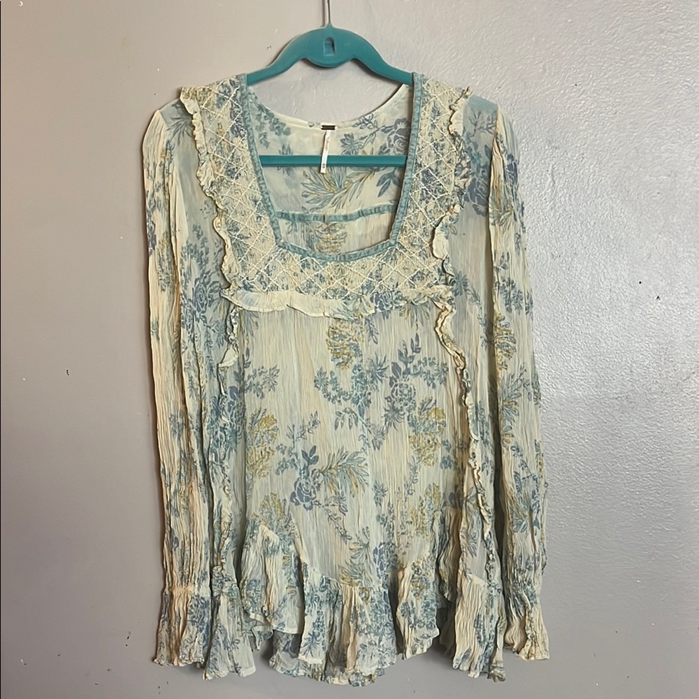 Free People Cream Boho Floral Lace Trim Women's Top